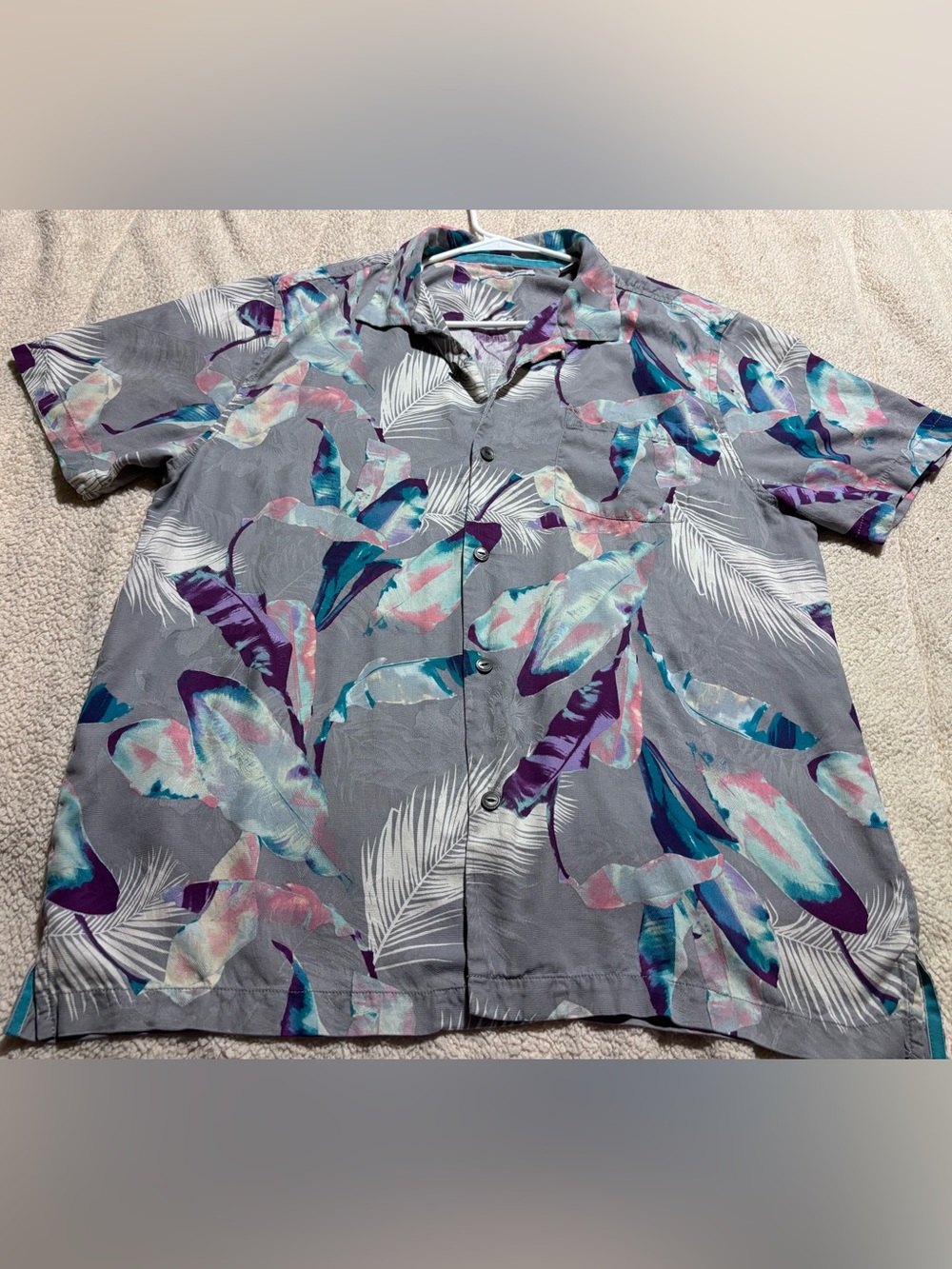 Tommy Bahama Gray Camp Shirt with Teal & Purple Leaf Print